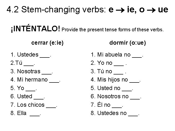 4. 2 Stem-changing verbs: e ie, o ue ¡INTÉNTALO! Provide the present tense forms 4. 2 Stem-changing verbs: e ie, o ue ¡INTÉNTALO! Provide the present tense forms