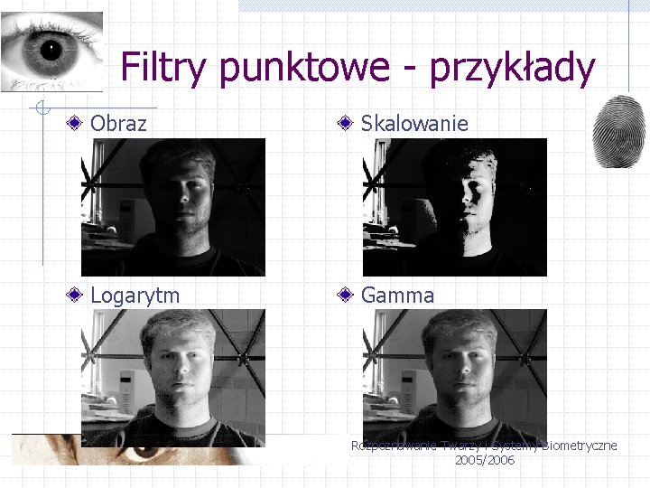 Filtry punktowe - przykłady Obraz Skalowanie Logarytm Gamma Rozpoznawanie Twarzy i Systemy Biometryczne 2005/2006