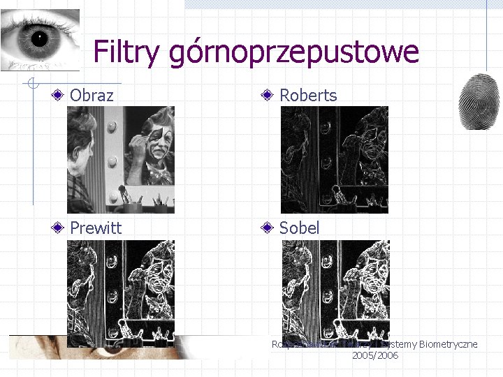 Filtry górnoprzepustowe Obraz Roberts Prewitt Sobel Rozpoznawanie Twarzy i Systemy Biometryczne 2005/2006 