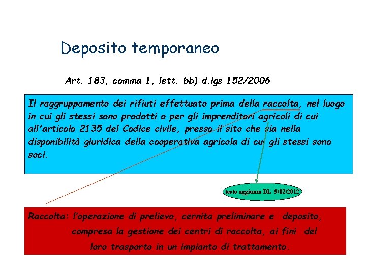 Deposito temporaneo Art. 183, comma 1, lett. bb) d. lgs 152/2006 Il raggruppamento dei