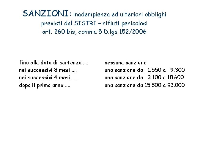 SANZIONI: inadempienza ed ulteriori obblighi previsti dal SISTRI – rifiuti pericolosi art. 260 bis,