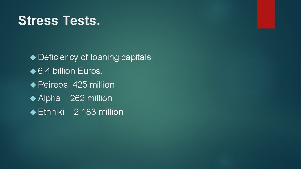 Stress Tests. Deficiency 6. 4 of loaning capitals. billion Euros. Peireos Alpha Ethniki 425
