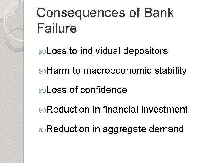 Consequences of Bank Failure Loss to individual depositors Harm Loss to macroeconomic stability of