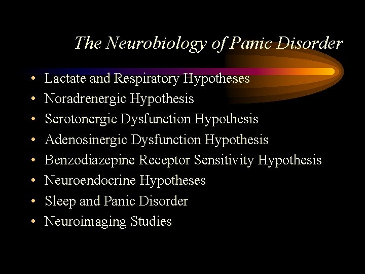 The Neurobiology of Panic Disorder • • Lactate and Respiratory Hypotheses Noradrenergic Hypothesis Serotonergic