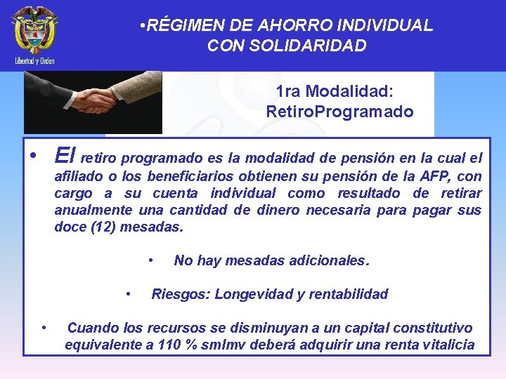  • RÉGIMEN DE AHORRO INDIVIDUAL CON SOLIDARIDAD 1 ra Modalidad: Retiro. Programado •