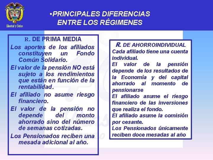  • PRINCIPALES DIFERENCIAS ENTRE LOS RÉGIMENES R. DE PRIMA MEDIA Los aportes de