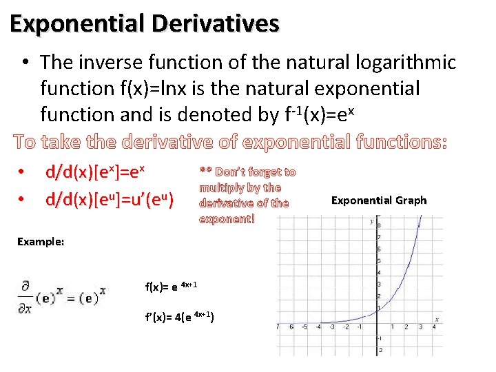 Exponential Derivatives • The inverse function of the natural logarithmic function f(x)=lnx is the