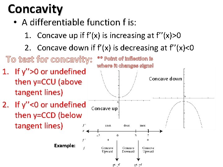 Concavity • A differentiable function f is: 1. Concave up if f’(x) is increasing