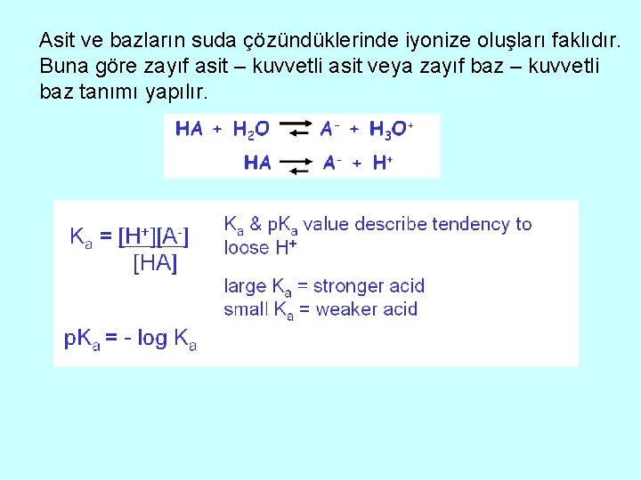 Asit ve bazların suda çözündüklerinde iyonize oluşları faklıdır. Buna göre zayıf asit – kuvvetli