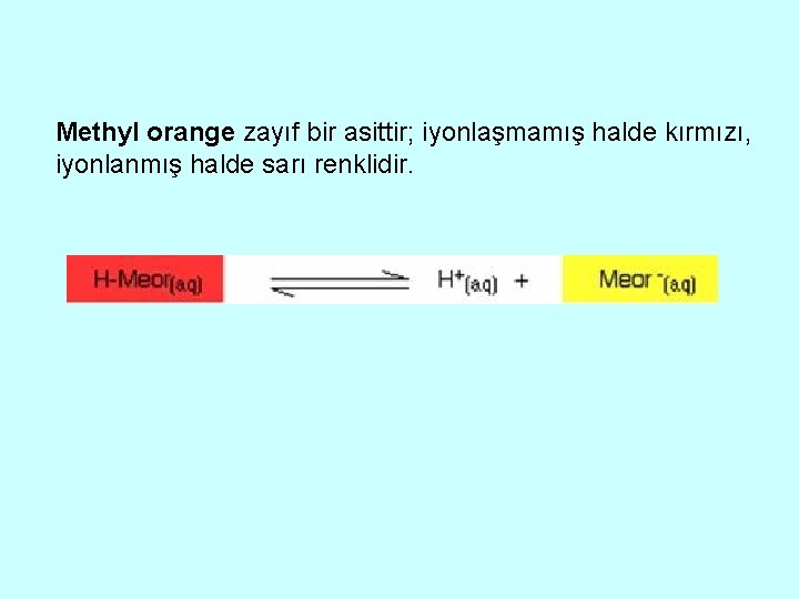 Methyl orange zayıf bir asittir; iyonlaşmamış halde kırmızı, iyonlanmış halde sarı renklidir. 