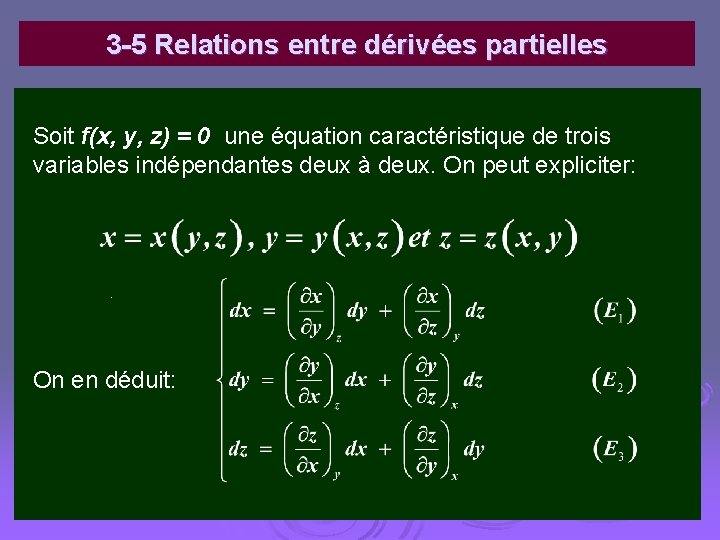 3 -5 Relations entre dérivées partielles Soit f(x, y, z) = 0 une équation