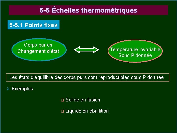 5 -5 Échelles thermométriques 5 -5. 1 Points fixes Corps pur en Changement d’état