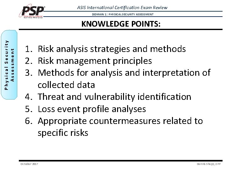 ASIS International Certification Exam Review DOMAIN 1: PHYSICAL SECURITY ASSESSMENT Physical Security Assessment KNOWLEDGE ASIS International Certification Exam Review DOMAIN 1: PHYSICAL SECURITY ASSESSMENT Physical Security Assessment KNOWLEDGE