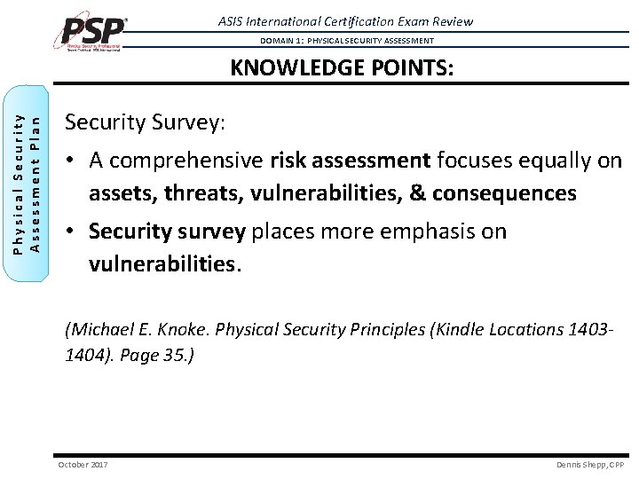 ASIS International Certification Exam Review DOMAIN 1: PHYSICAL SECURITY ASSESSMENT Physical Security Assessment Plan ASIS International Certification Exam Review DOMAIN 1: PHYSICAL SECURITY ASSESSMENT Physical Security Assessment Plan