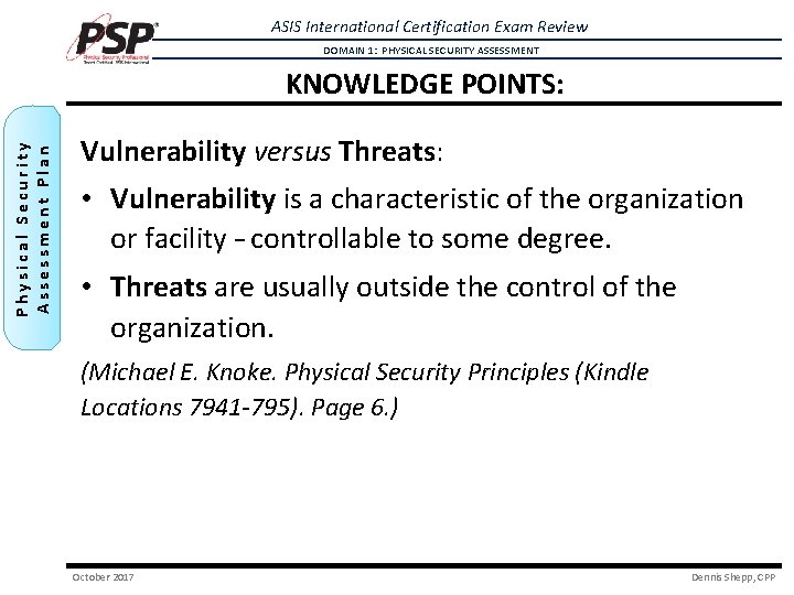 ASIS International Certification Exam Review DOMAIN 1: PHYSICAL SECURITY ASSESSMENT Physical Security Assessment Plan ASIS International Certification Exam Review DOMAIN 1: PHYSICAL SECURITY ASSESSMENT Physical Security Assessment Plan