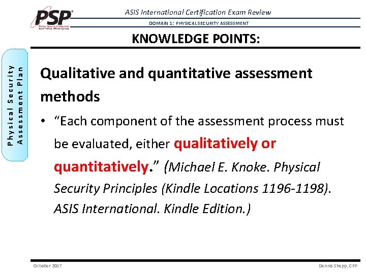 ASIS International Certification Exam Review DOMAIN 1: PHYSICAL SECURITY ASSESSMENT Physical Security Assessment Plan ASIS International Certification Exam Review DOMAIN 1: PHYSICAL SECURITY ASSESSMENT Physical Security Assessment Plan
