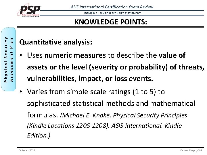 ASIS International Certification Exam Review DOMAIN 1: PHYSICAL SECURITY ASSESSMENT Physical Security Assessment Plan ASIS International Certification Exam Review DOMAIN 1: PHYSICAL SECURITY ASSESSMENT Physical Security Assessment Plan
