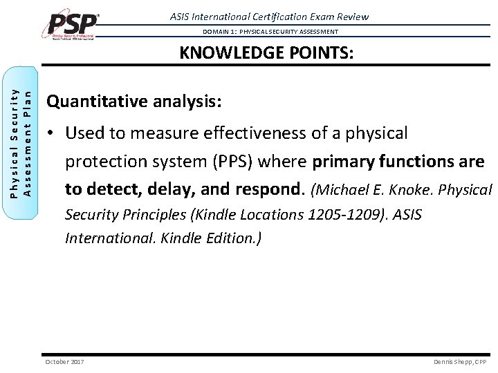ASIS International Certification Exam Review DOMAIN 1: PHYSICAL SECURITY ASSESSMENT Physical Security Assessment Plan ASIS International Certification Exam Review DOMAIN 1: PHYSICAL SECURITY ASSESSMENT Physical Security Assessment Plan