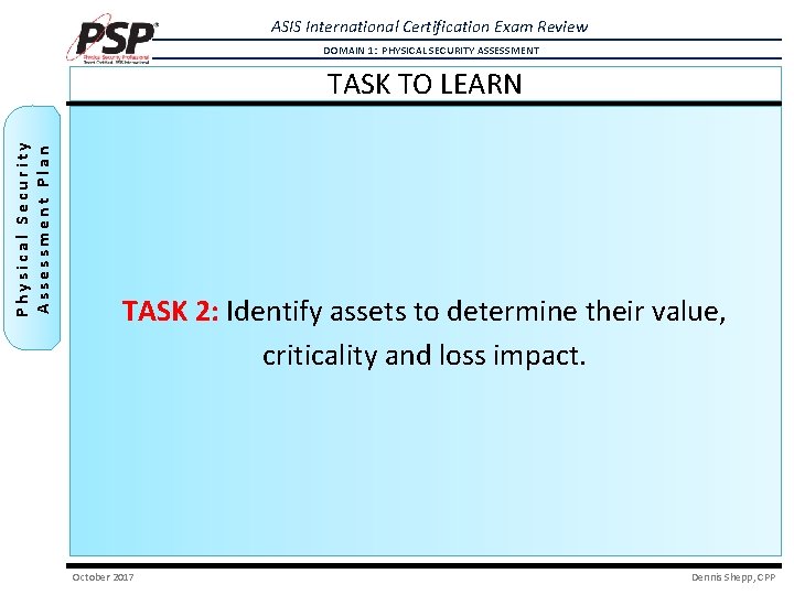 ASIS International Certification Exam Review DOMAIN 1: PHYSICAL SECURITY ASSESSMENT Physical Security Assessment Plan ASIS International Certification Exam Review DOMAIN 1: PHYSICAL SECURITY ASSESSMENT Physical Security Assessment Plan