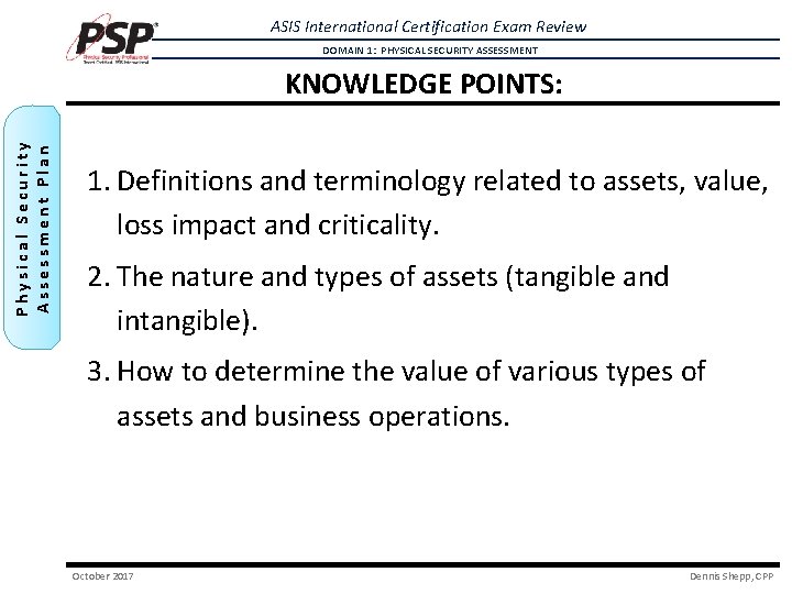 ASIS International Certification Exam Review DOMAIN 1: PHYSICAL SECURITY ASSESSMENT Physical Security Assessment Plan ASIS International Certification Exam Review DOMAIN 1: PHYSICAL SECURITY ASSESSMENT Physical Security Assessment Plan