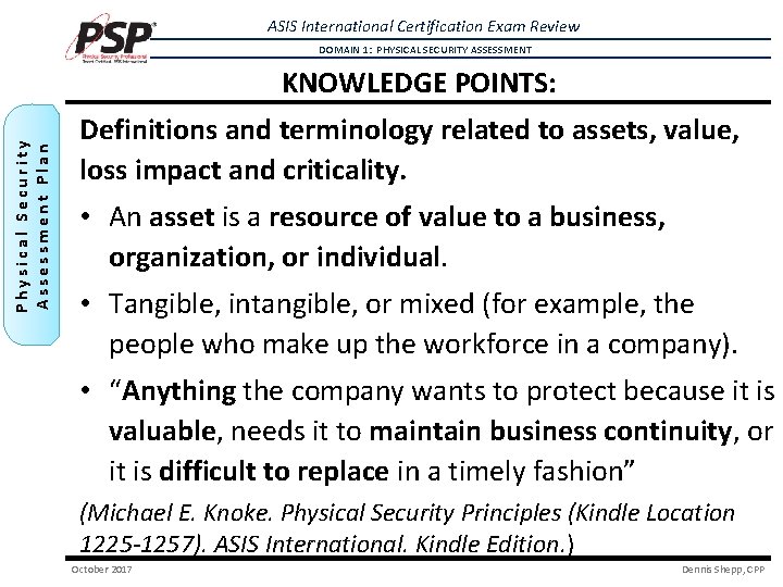 ASIS International Certification Exam Review DOMAIN 1: PHYSICAL SECURITY ASSESSMENT Physical Security Assessment Plan ASIS International Certification Exam Review DOMAIN 1: PHYSICAL SECURITY ASSESSMENT Physical Security Assessment Plan