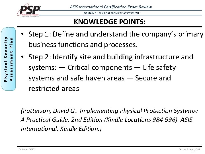 ASIS International Certification Exam Review DOMAIN 1: PHYSICAL SECURITY ASSESSMENT Physical Security Assessment Plan ASIS International Certification Exam Review DOMAIN 1: PHYSICAL SECURITY ASSESSMENT Physical Security Assessment Plan