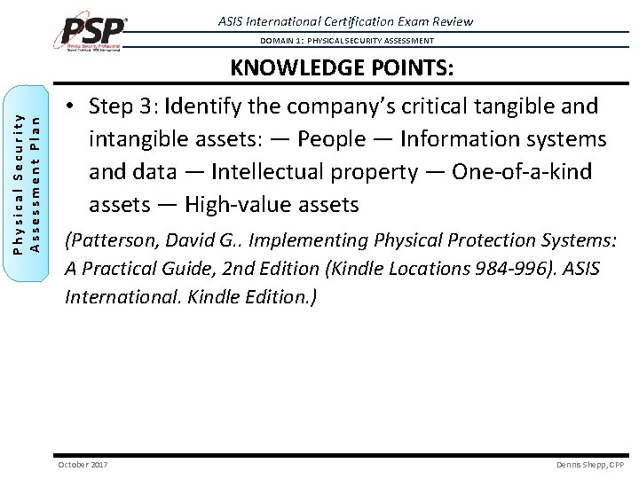 ASIS International Certification Exam Review DOMAIN 1: PHYSICAL SECURITY ASSESSMENT Physical Security Assessment Plan ASIS International Certification Exam Review DOMAIN 1: PHYSICAL SECURITY ASSESSMENT Physical Security Assessment Plan