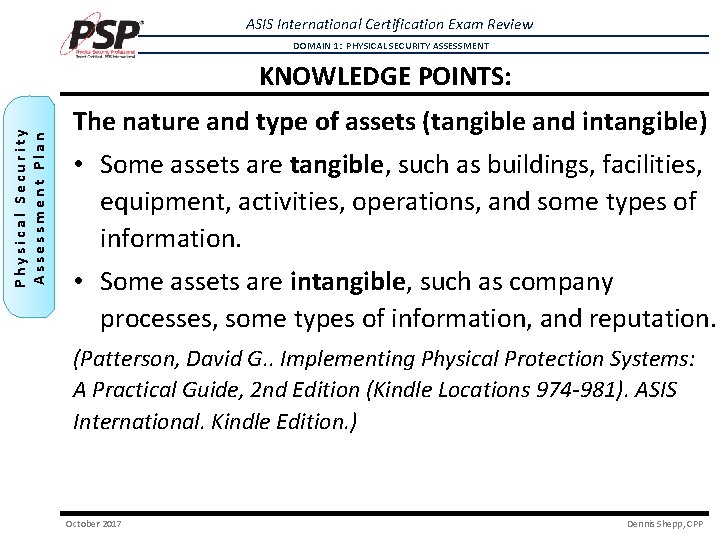ASIS International Certification Exam Review DOMAIN 1: PHYSICAL SECURITY ASSESSMENT Physical Security Assessment Plan ASIS International Certification Exam Review DOMAIN 1: PHYSICAL SECURITY ASSESSMENT Physical Security Assessment Plan