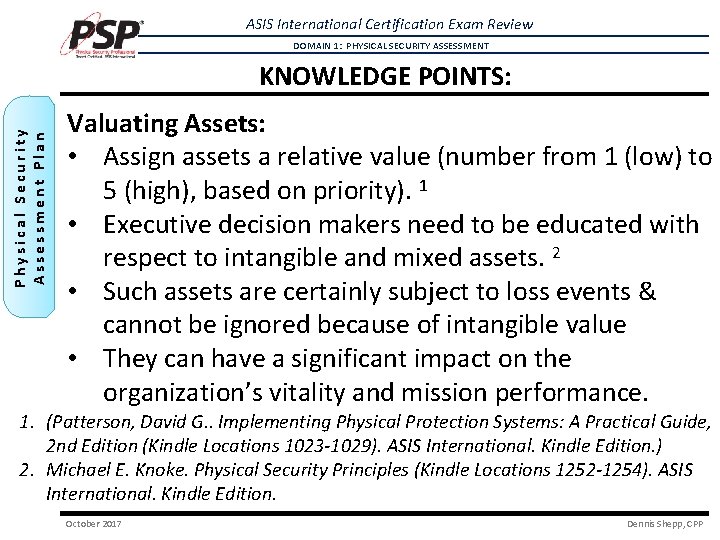 ASIS International Certification Exam Review DOMAIN 1: PHYSICAL SECURITY ASSESSMENT Physical Security Assessment Plan ASIS International Certification Exam Review DOMAIN 1: PHYSICAL SECURITY ASSESSMENT Physical Security Assessment Plan