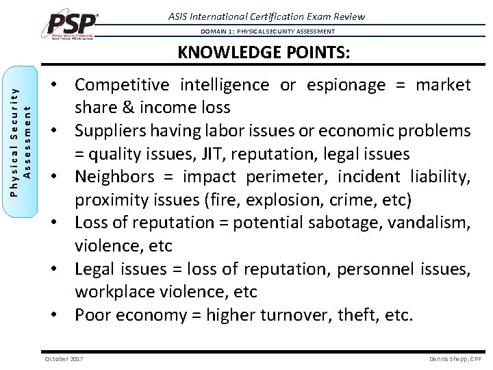 ASIS International Certification Exam Review DOMAIN 1: PHYSICAL SECURITY ASSESSMENT Physical Security Assessment KNOWLEDGE ASIS International Certification Exam Review DOMAIN 1: PHYSICAL SECURITY ASSESSMENT Physical Security Assessment KNOWLEDGE
