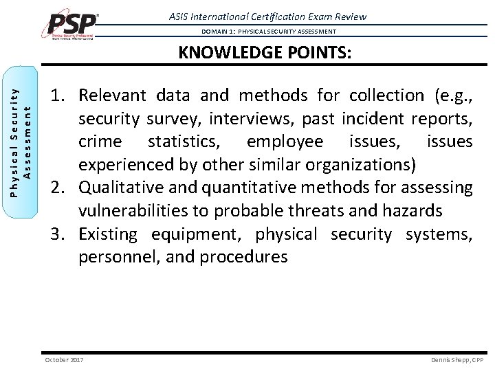 ASIS International Certification Exam Review DOMAIN 1: PHYSICAL SECURITY ASSESSMENT Physical Security Assessment KNOWLEDGE ASIS International Certification Exam Review DOMAIN 1: PHYSICAL SECURITY ASSESSMENT Physical Security Assessment KNOWLEDGE