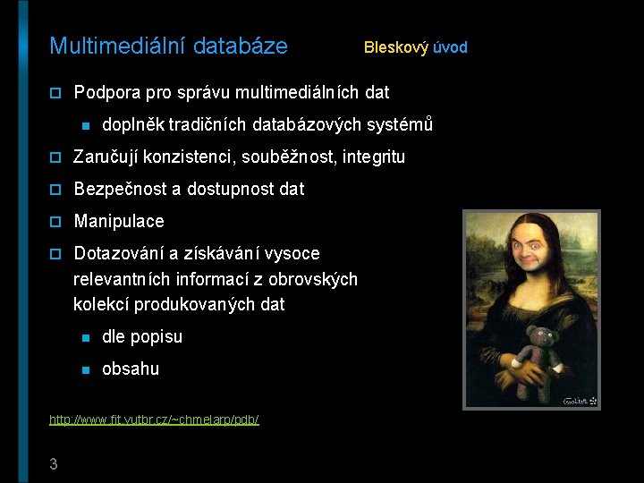 Multimediální databáze Bleskový úvod o Podpora pro správu multimediálních dat n doplněk tradičních databázových