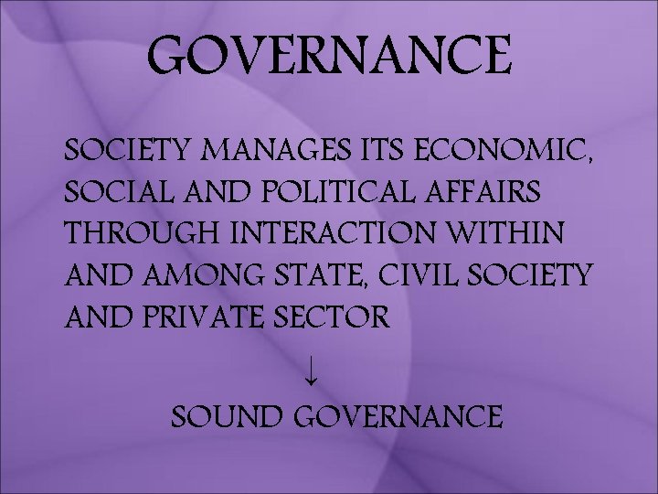 GOVERNANCE SOCIETY MANAGES ITS ECONOMIC, SOCIAL AND POLITICAL AFFAIRS THROUGH INTERACTION WITHIN AND AMONG