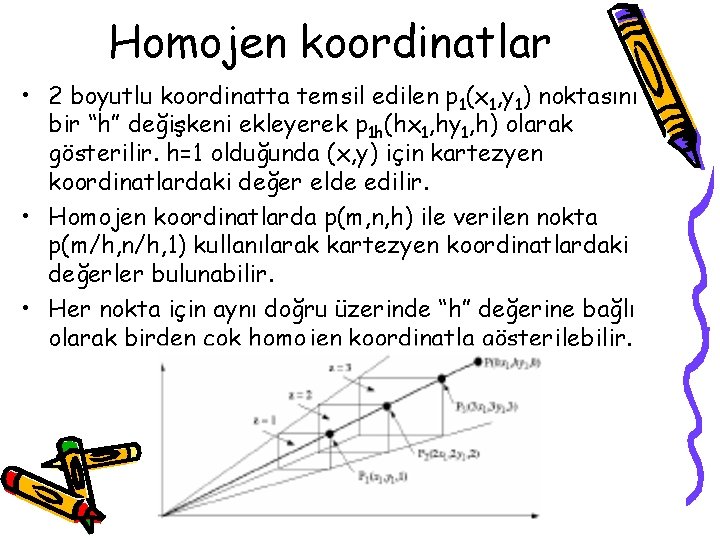 Homojen koordinatlar • 2 boyutlu koordinatta temsil edilen p 1(x 1, y 1) noktasını