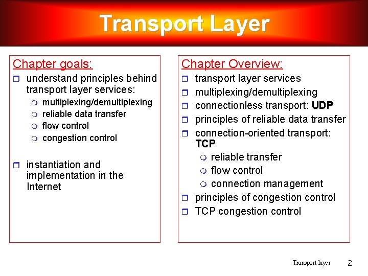 Transport Layer Chapter goals: Chapter Overview: understand principles behind transport layer services: multiplexing/demultiplexing reliable