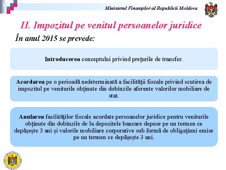 Ministerul Finanţelor al Republicii Moldova II. Impozitul pe venitul persoanelor juridice În anul 2015