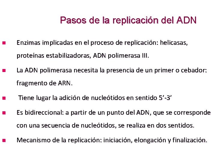 Pasos de la replicación del ADN n Enzimas implicadas en el proceso de replicación: