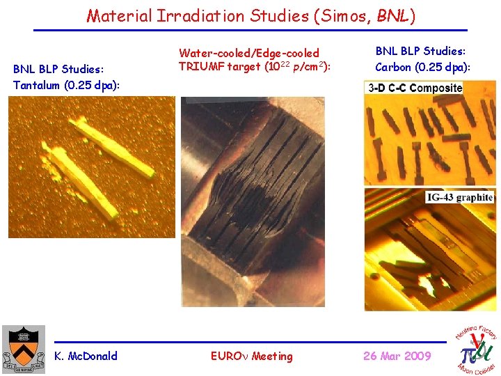 Material Irradiation Studies (Simos, BNL) BNL BLP Studies: Tantalum (0. 25 dpa): K. Mc.