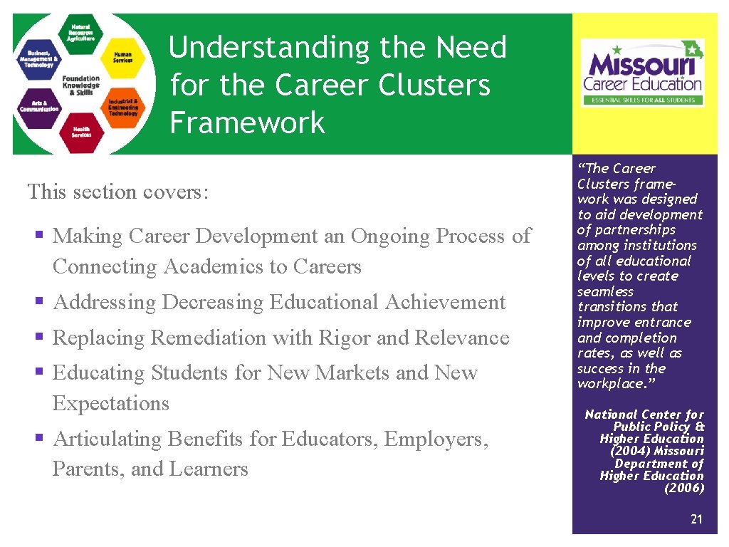 Understanding the Need for the Career Clusters Framework This section covers: § Making Career