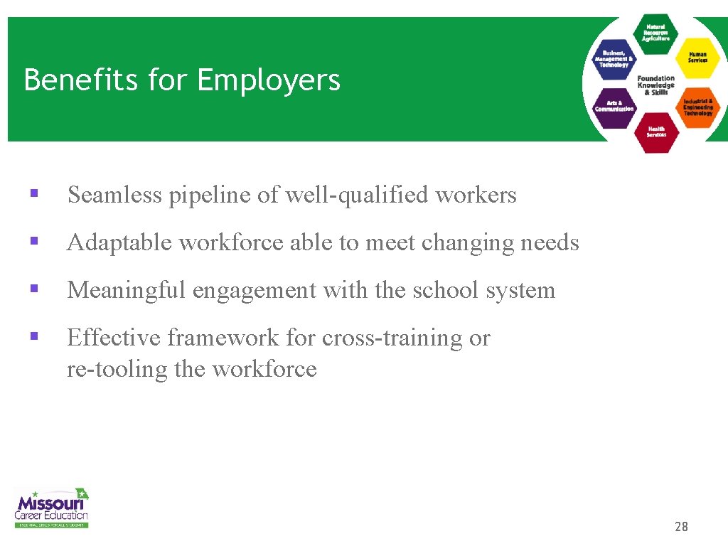 Benefits for Employers § Seamless pipeline of well-qualified workers § Adaptable workforce able to