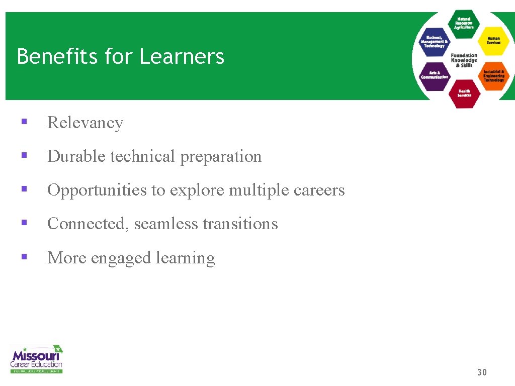 Benefits for Learners § Relevancy § Durable technical preparation § Opportunities to explore multiple