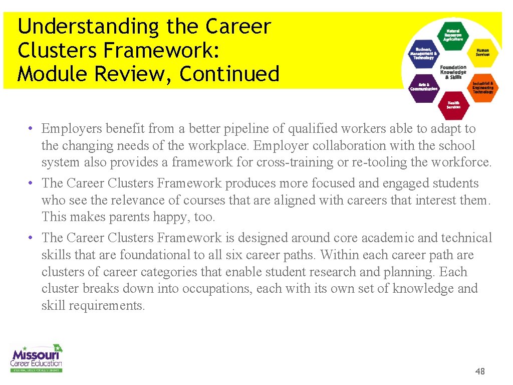 Understanding the Career Clusters Framework: Module Review, Continued • Employers benefit from a better