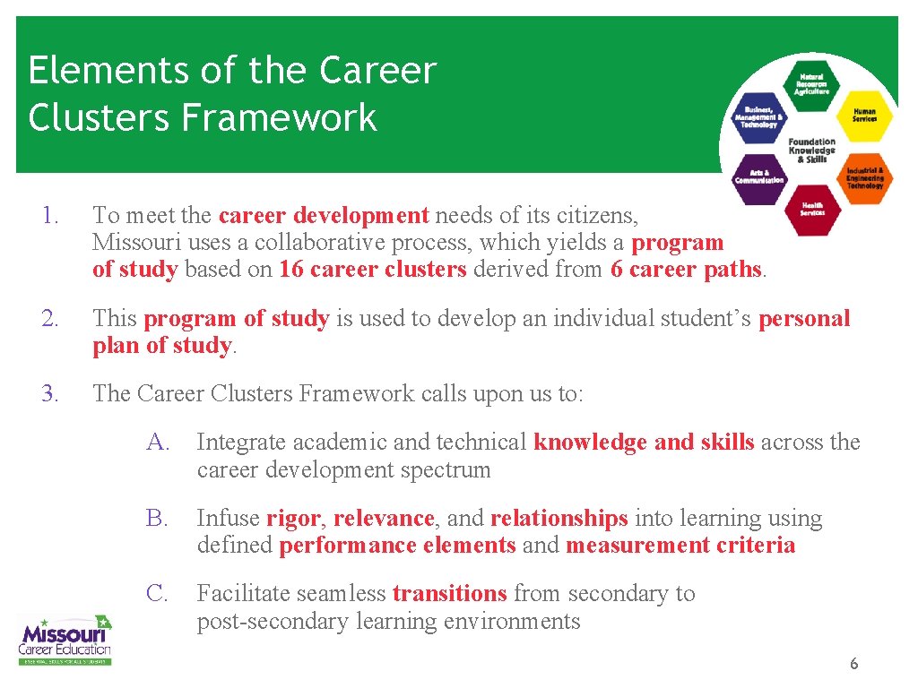 Elements of the Career Clusters Framework 1. To meet the career development needs of