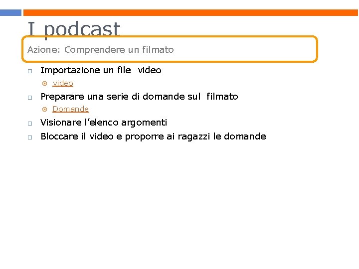 I podcast Azione: Comprendere un filmato Importazione un file video Preparare una serie di