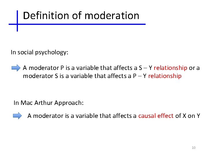 Definition of moderation In social psychology: A moderator P is a variable that affects