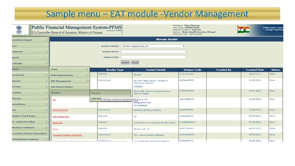 Sample menu – EAT module -Vendor Management 