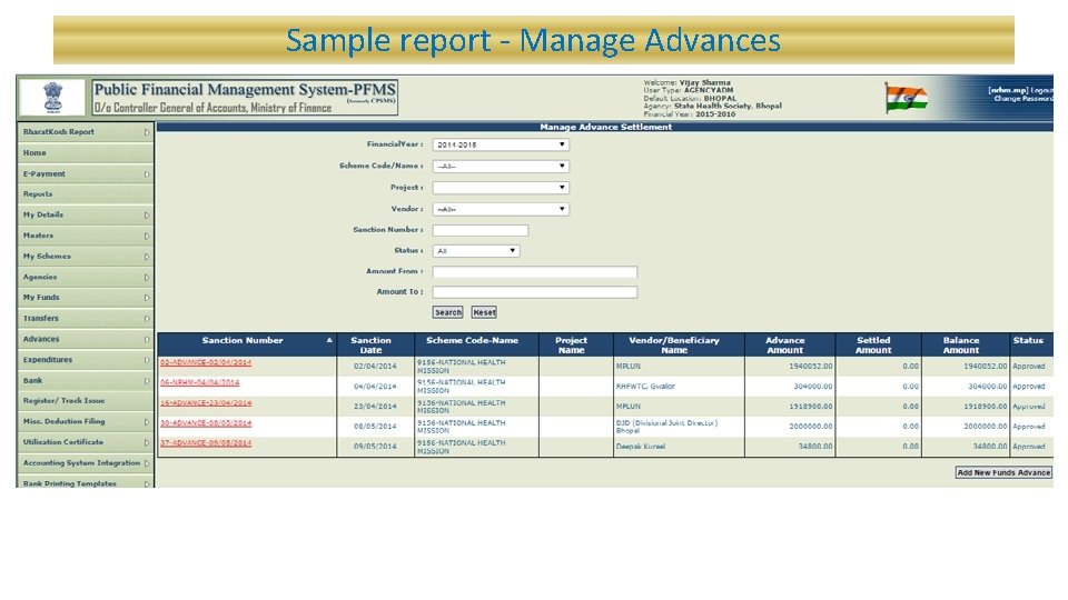 Sample report - Manage Advances 