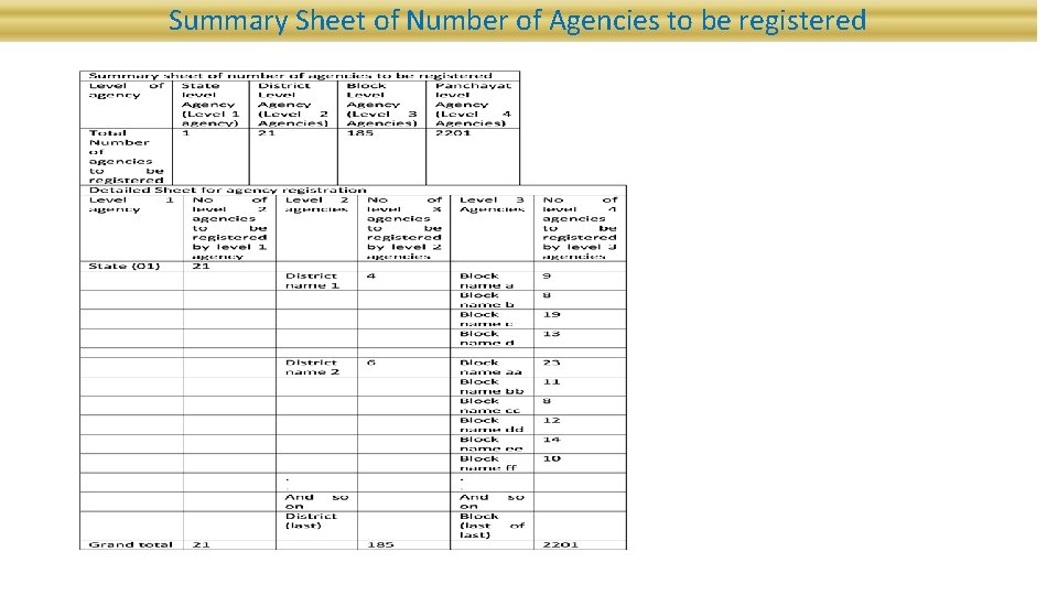 Summary Sheet of Number of Agencies to be registered 