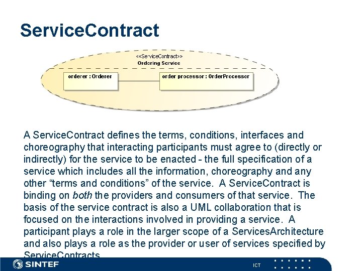 Service. Contract A Service. Contract defines the terms, conditions, interfaces and choreography that interacting