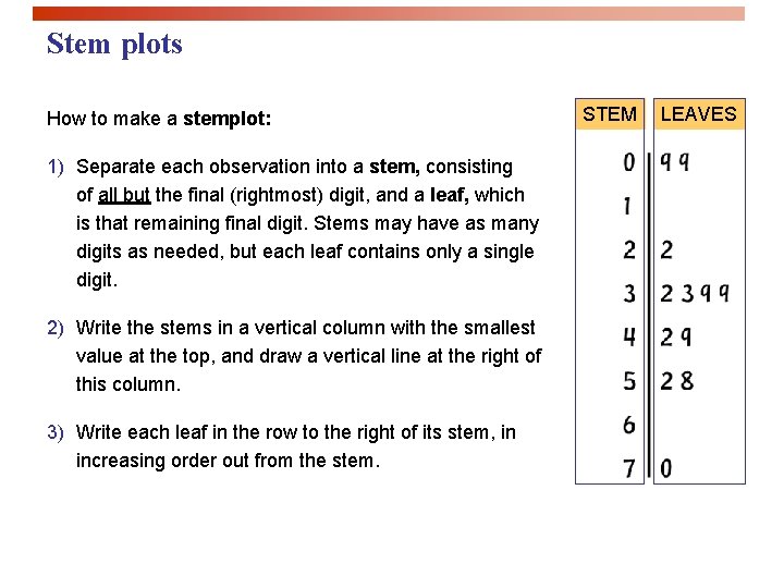 Stem plots How to make a stemplot: 1) Separate each observation into a stem,